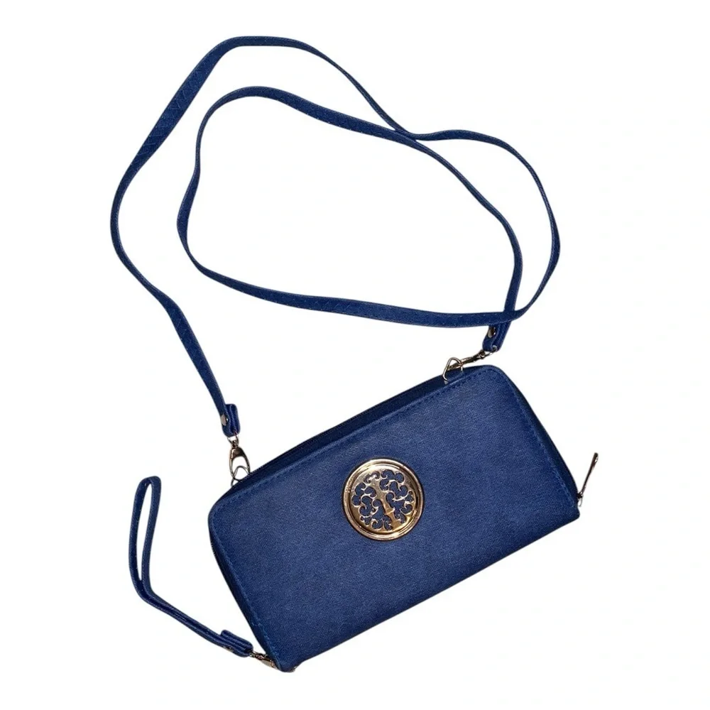 DASEIN Large Wallet Crossbody Bag &  Strap Wristlet Dark Blue Gold Tone Hardware